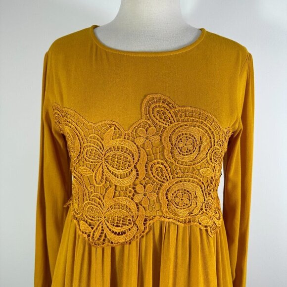 NWT Anthropologie Maeve Mustard Yellow Lace Detail Long Sleeve Dress - Picture 3 of 13